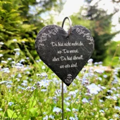 Grabdekoration, Schiefer-Herz mit Rosen-Motiv, Grabschmuck mit Wunschtext, Grabschild, personalisierbar