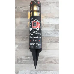 Grabschmuck Solarleuchte personalisiert mit süßen Feuerwehrauto Motiv, grableuchte solar sternenkind