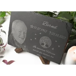 Grabstein & Gedenktafel aus Schiefer (30x20cm) mit individueller Wunschgravur – personalisierter Grabschmuck & Fotogravur