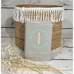 graue Gotteslobhülle Blumenkranz Gebetbuchhülle Blütenkranz Blumen Kreuz aus Filz personalisiert