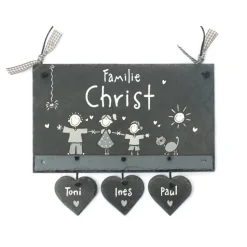 graues Türschild aus Schiefer für Familien mit Namen und Figuren personalisiert, ausgefallenes Hochzeitsgeschenk Schieferschild, exklusiv, wetterfest, handgemalt, individuell