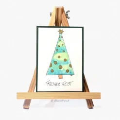 Grüne Weihnachtskarte mit handgezeichnetem grünen Weihnachtsbaum mit goldenen Kugeln, Aquarell – Doppelkarte A6