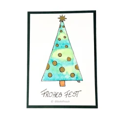 Grüne Weihnachtskarte mit handgezeichnetem grünen Weihnachtsbaum mit goldenen Kugeln, Aquarell – Doppelkarte A6