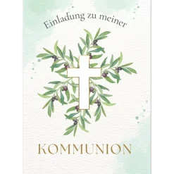 Grünes Kommunionseinladungskarten-Set 10er-Pack, Kommunionskarte mit Olivenzweigen, Einladung Erstkommunion