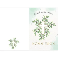 Grünes Kommunionseinladungskarten-Set 10er-Pack, Kommunionskarte mit Olivenzweigen, Einladung Erstkommunion