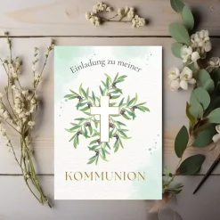 Grünes Kommunionseinladungskarten-Set 10er-Pack, Kommunionskarte mit Olivenzweigen, Einladung Erstkommunion