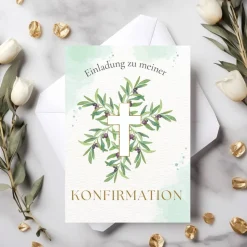 Grünes Konfirmationseinladungskarten-Set 10er-Pack, Konfirmationskarte mit Olivenzweigen, Einladung Konfirmation