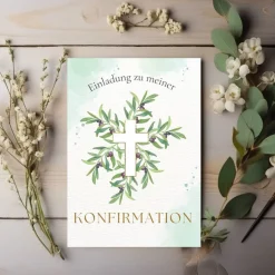 Grünes Konfirmationseinladungskarten-Set 10er-Pack, Konfirmationskarte mit Olivenzweigen, Einladung Konfirmation