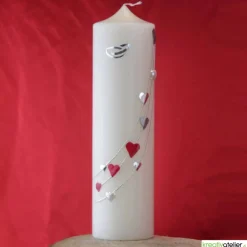 Große Hochzeitskerze Herzreigen in Elfenbein mit silbernen Herzen und Eheringen, personalisierbar, edle Hochzeitsdeko