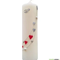Große Hochzeitskerze Herzreigen in Elfenbein mit silbernen Herzen und Eheringen, personalisierbar, edle Hochzeitsdeko