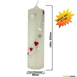 Große Hochzeitskerze Herzreigen in Elfenbein mit silbernen Herzen und Eheringen, personalisierbar, edle Hochzeitsdeko