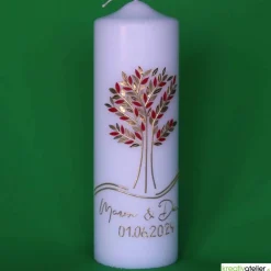 Große Hochzeitskerze Lebensbaum und Eheringe, personalisierbar, Rubin/Gold, Hochzeitsgeschenk, edle Hochzeitsdeko
