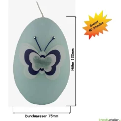 große Ostereikerze in hellblau mit Schmetterling in blau-weißem Verzierwachs