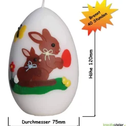 große Ostereikerze in weiß mit Hasenmutter, Hasenkind und bunten Ostereiern verziert, Osterdeko, Ostergeschenk