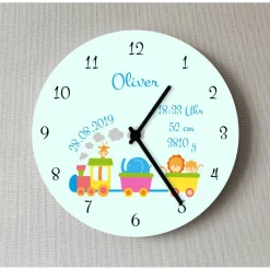 Große Wanduhr Baby Junge Mädchen Eisenbahn Lok Löwe Giraffe Geburtsuhr Namen Kinderwanduhr Geschenk Geburt Uhr