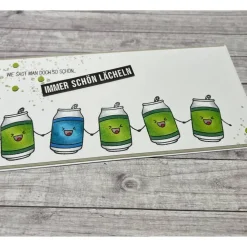 Grußkarte / Glückwunschkarte „Immer schön lächeln“ zum Geburtstag oder anderen Anlässen, lachende Dosen Spaß Handarbeit