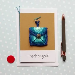 Grußkarte Geldgeschenk Taschengeld Täschchen gehäkelt mit Wunschtext