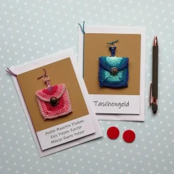 Grußkarte Geldgeschenk Taschengeld Täschchen gehäkelt mit Wunschtext