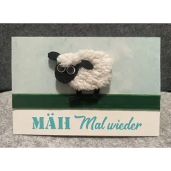 Grußkarte, Handarbeit mit Umschlag, Motiv: Frühling, Garten, Schaf, Rasenmäher