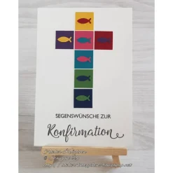 Grußkarte: Segenswünsche zur Konfirmation ~ Kreuz aus bunten Quadraten mit Fischen ~ 10,5 x 14,85 cm
