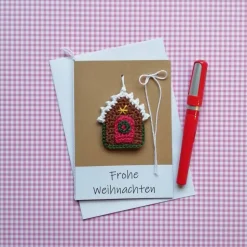 Grußkarte Weihnachten Knusperhäuschen Lebkuchenhaus Gingerbreadhouse gehäkelt mit Wunschtext