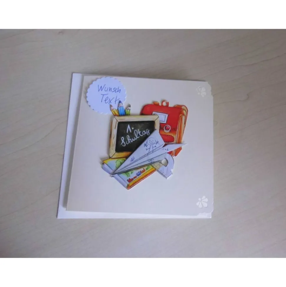 Grußkarte zum Geburtstag mit 3-D-Motiv – Schulanfang & Einschulung – Unikat Klappkarte 12,5 x 12,5 cm