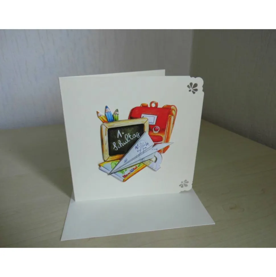 Grußkarte zum Geburtstag mit 3-D-Motiv – Schulanfang & Einschulung – Unikat Klappkarte 12,5 x 12,5 cm