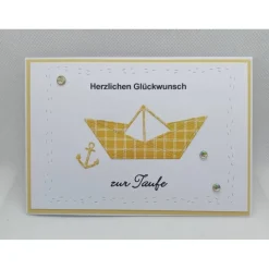 Grußkarte "zur Taufe", Origami Schiff in gelb