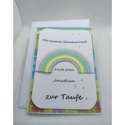 Grußkarte "zur Taufe", Regenbogen in Pastell, a.W. personalisierbar