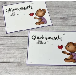 Grußkarten / Glückwunschkarten für Kinder zum Geburtstag, Happy Birthday, süßer Bär mit Herz für Mädchen lila Handarbeit