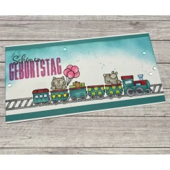 Grußkarten / Glückwunschkarten zum Geburtstag, „Eisenbahn mit Hund, Katze und Geschenken“, Kinder, Geburtstagskarte