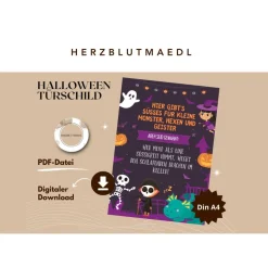 Gruselige Halloween Haus Deko - Türschild mit Skelett Motiv als Print in DIN A4 | Einzigartige Halloween Dekoration | Ki