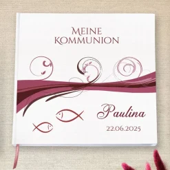 Gästebuch & Album zur Kommunion mit Fischen und Wellen in Beere / Bordeaux | Kommunionbuch personalisiert mit Name