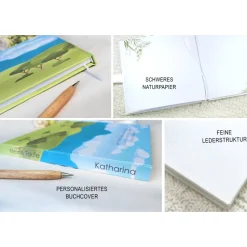 Gästebuch & Album zur Taufe mit Wolken im Aquarell in Hellblau personalsiert mit Name; blanko o. mit Fragen