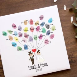 Gästebuch Hochzeit Fingerabdruck Leinwand Personalisiert Herz Luftballons Brautpaar Geschenk Hochzeitsdekoration Namen 50x50 cm Keilrahmen