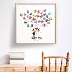 Gästebuch Hochzeit Fingerabdruck Leinwand Personalisiert Herz Luftballons Brautpaar Geschenk Hochzeitsdekoration Namen 50x50 cm Keilrahmen