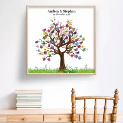 Gästebuch Hochzeit Fingerabdruck Leinwand Personalisiert Baum Herz Brautpaar Geschenk Hochzeitsdekoration Namen 50x50 cm Keilrahmen