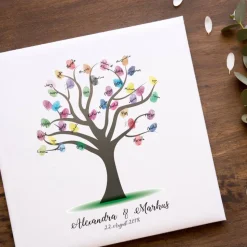 Gästebuch Hochzeit Fingerabdruck Leinwand personalisiert – Wedding Tree 50x50 cm Brautpaar Geschenk mit Namen & Datum