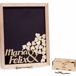 Gästebuch Hochzeit Rahmen personalisiert mit Namen & Datum, 100 gravierte Holzherzen, 35x45 cm, inkl. Holzkiste