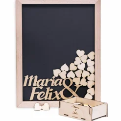 Gästebuch Hochzeit Rahmen personalisiert mit Namen & Datum, 100 gravierte Holzherzen, 35x45 cm, inkl. Holzkiste