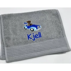 Gästehandtuch ( 30 x 50 cm ) + Teddy im Auto (#Nr.55) + Name / Kinderhandtuch