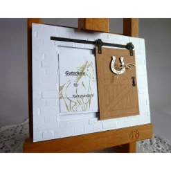 Gutschein, Glückwunschkarte zum Geburtstag, Grußkarte mit Schiebetür, Gutschein für Reitstunden