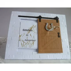 Gutschein, Glückwunschkarte zum Geburtstag, Grußkarte mit Schiebetür, Gutschein für Reitstunden