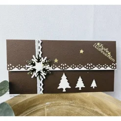 Gutschein- oder Geldgeschenkverpackung zu Weihnachten - Braun-Weiß-Gold mit Christbäumen