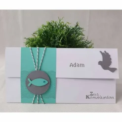 Gutschein- oder Geldgeschenkverpackung Kommunion - Konfirmation - Taufe, Weiß-Mint-Grau mit Fischen