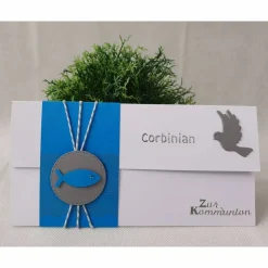 Gutschein- oder Geldgeschenkverpackung Kommunion - Konfirmation - Taufe, Weiß-Türkis-Grau mit Fischen