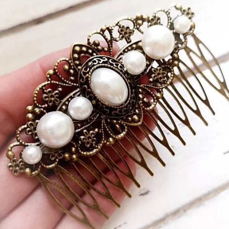 Haarkamm im Vintage-Stil, bronzefarben,  Cabochon, Antik-Stil