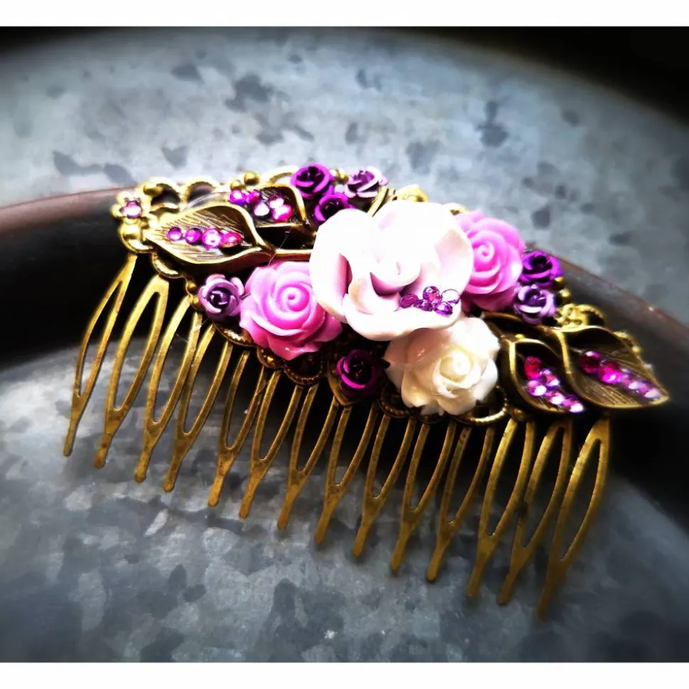 Haarkamm im Vintage-Stil, bronzefarben, Violett-Romantik , Antik-Stil