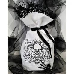 Halloween Windlicht Lichtbeutel Vasenhusse Geschenkbeutel Skull mit Spruch GESTICKT Leinen Spitze