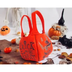 Halloween-Filztasche mit Boo-Geist, Hexenhaus & schlafender Katze – Handgemachter Süßigkeitenbeutel